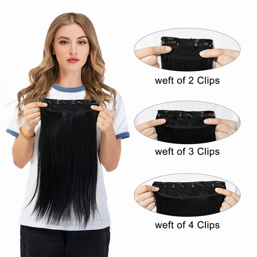 LELINTA 18" Straight Long 4 PCS Set Thick Clip in on Synthetic Hair Extensions Hairpieces for Women Dark Black