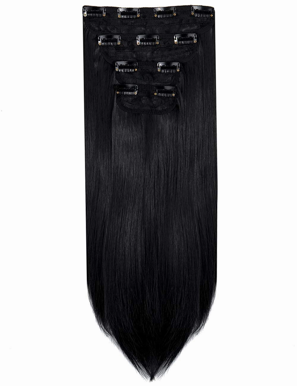 LELINTA 18" Straight Long 4 PCS Set Thick Clip in on Synthetic Hair Extensions Hairpieces for Women Dark Black