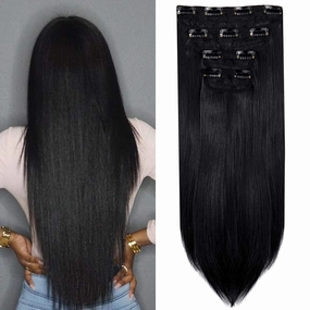 LELINTA 18" Straight Long 4 PCS Set Thick Clip in on Synthetic Hair Extensions Hairpieces for Women Dark Black