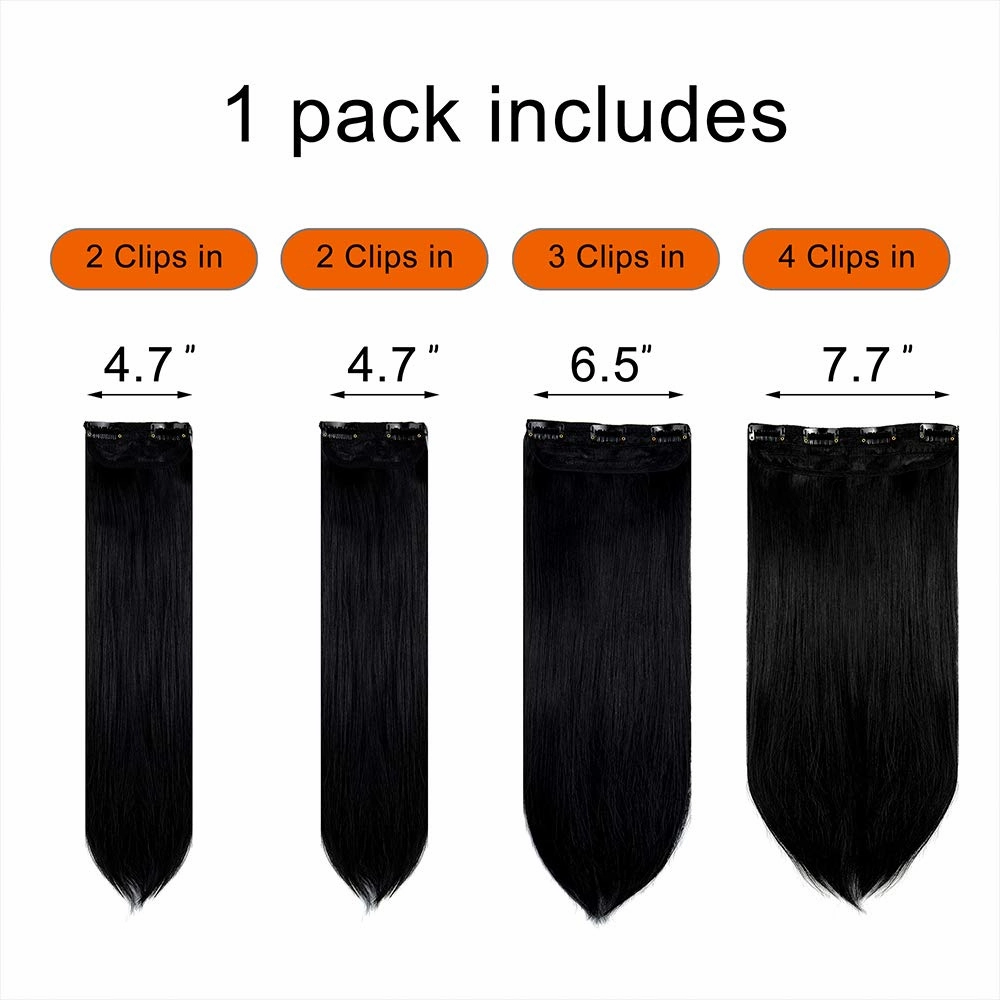 LELINTA 18" Straight Long 4 PCS Set Thick Clip in on Synthetic Hair Extensions Hairpieces for Women Dark Black