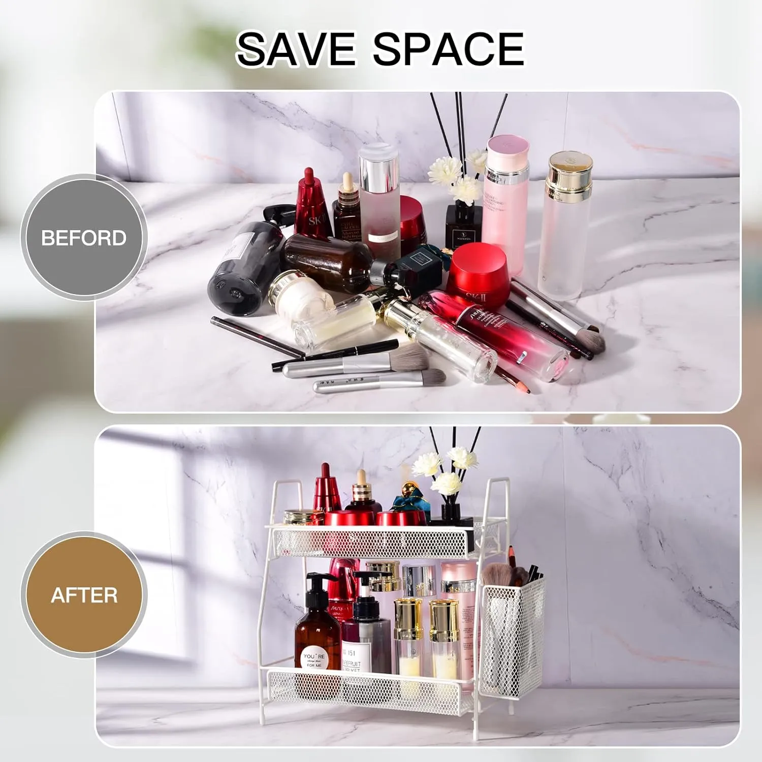 LEMIKKLE Countertop organizer for bathroom counter, bathroom organizers and storage, spice rack organizer for kitchen counter shelf with small basket(White)