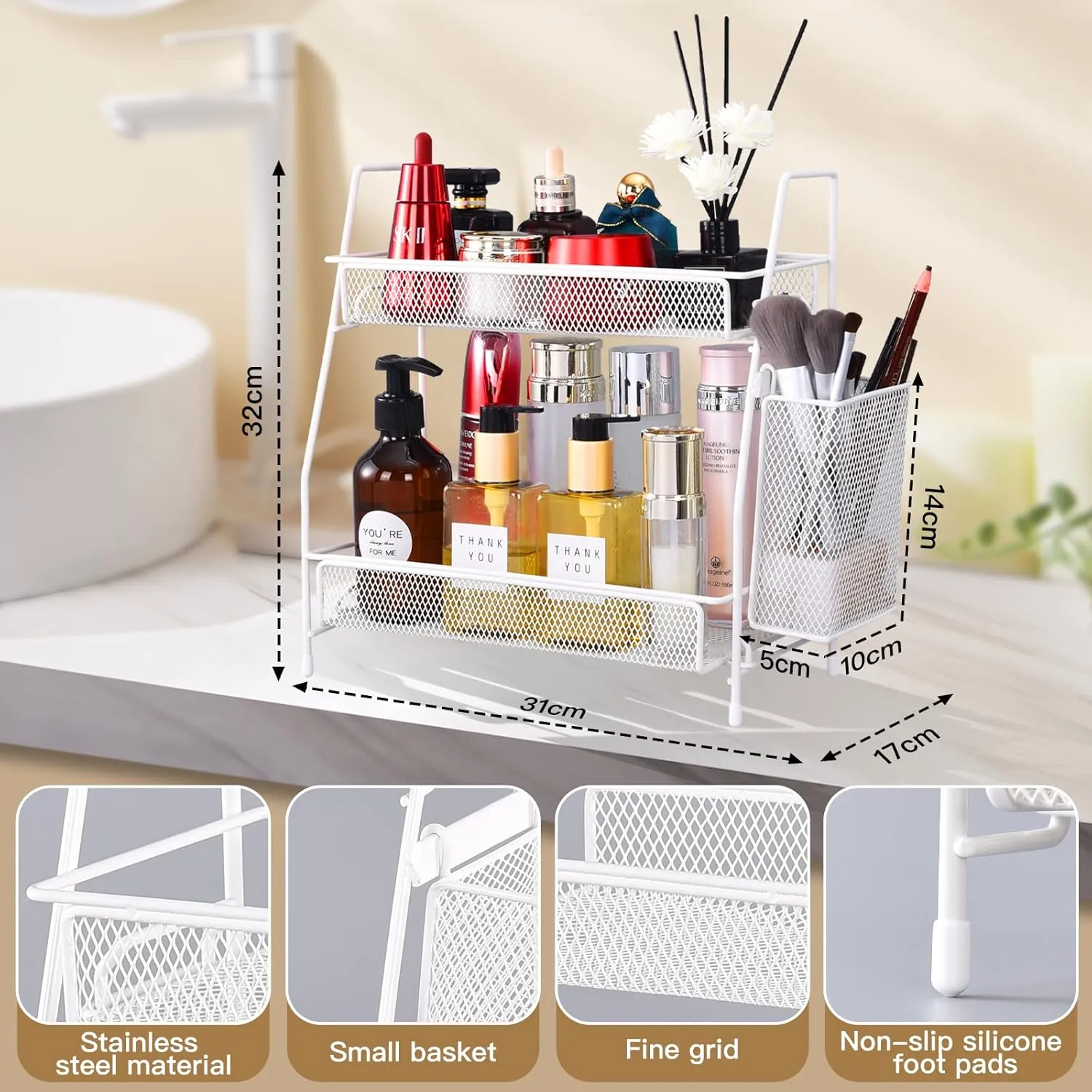 LEMIKKLE Countertop organizer for bathroom counter, bathroom organizers and storage, spice rack organizer for kitchen counter shelf with small basket(White)
