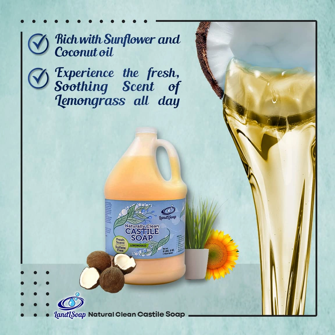 Lemongrass Pure Castile Liquid Soap for Face, Hand & Body Wash-Vegan, Non-GMO, Made in USA, All Skin Types, Dry & Sensitive Skin (1 Gallon)