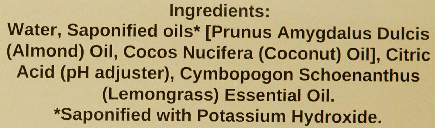 Lemongrass Pure Castile Liquid Soap for Face, Hand & Body Wash-Vegan, Non-GMO, Made in USA, All Skin Types, Dry & Sensitive Skin (1 Gallon)