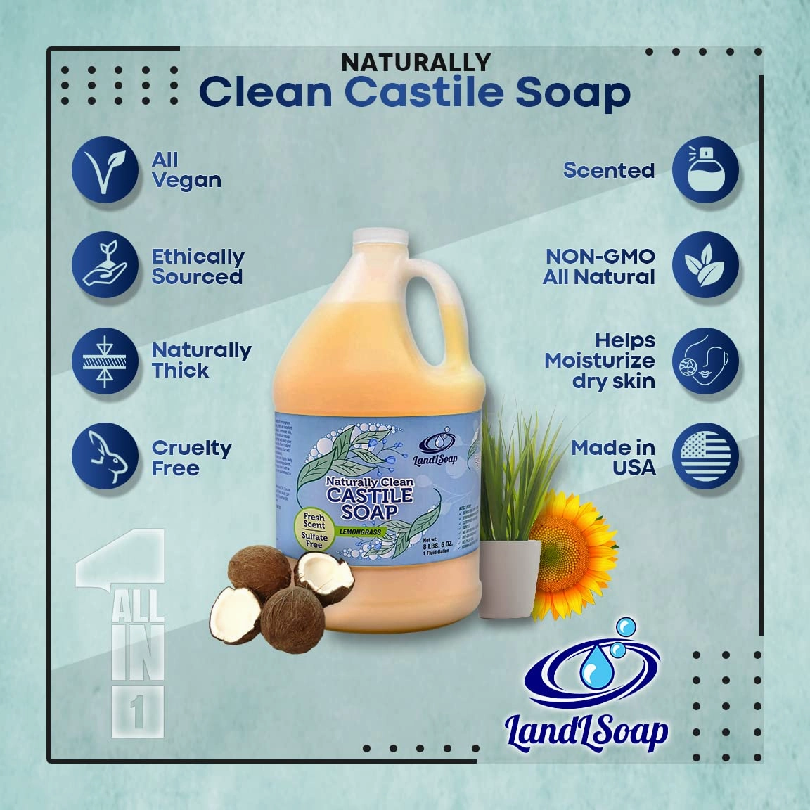 Lemongrass Pure Castile Liquid Soap for Face, Hand & Body Wash-Vegan, Non-GMO, Made in USA, All Skin Types, Dry & Sensitive Skin (1 Gallon)