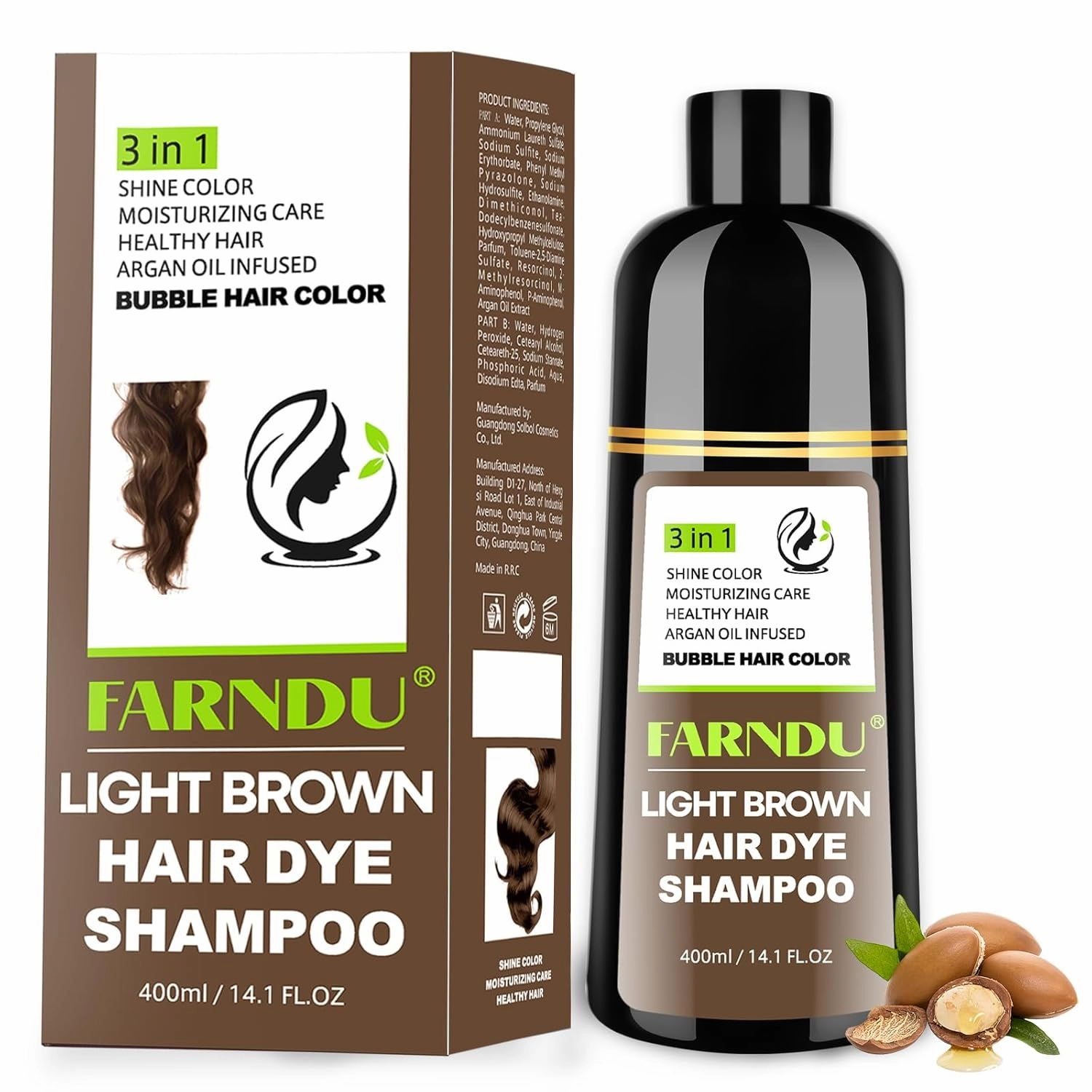 Light Brown Hair Dye Shampoo for Women Men, Gray Hair Coverage within 15 Mins, Argan Oil Natural 3 in 1 Hair Color Shampoo