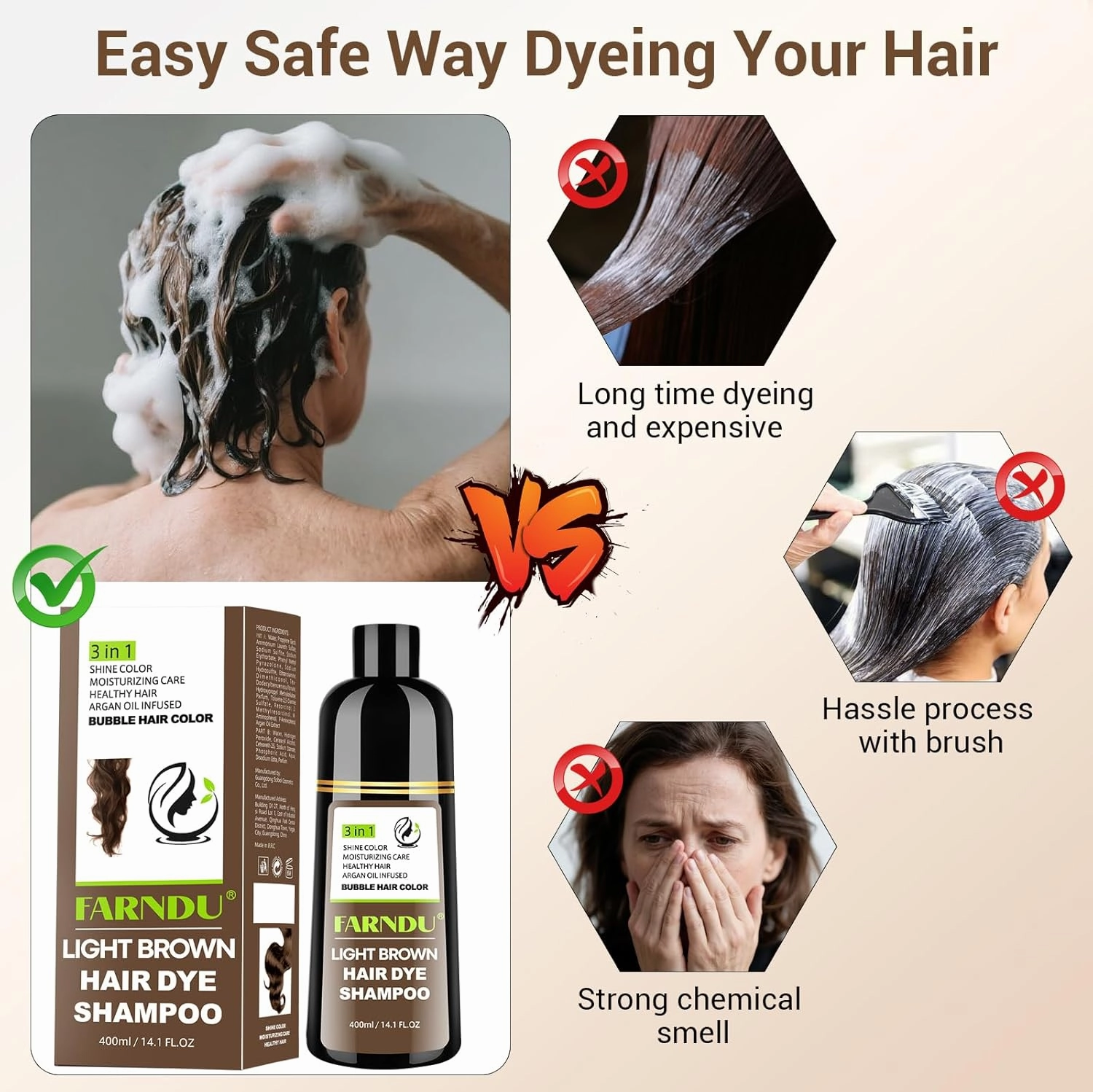 Light Brown Hair Dye Shampoo for Women Men, Gray Hair Coverage within 15 Mins, Argan Oil Natural 3 in 1 Hair Color Shampoo