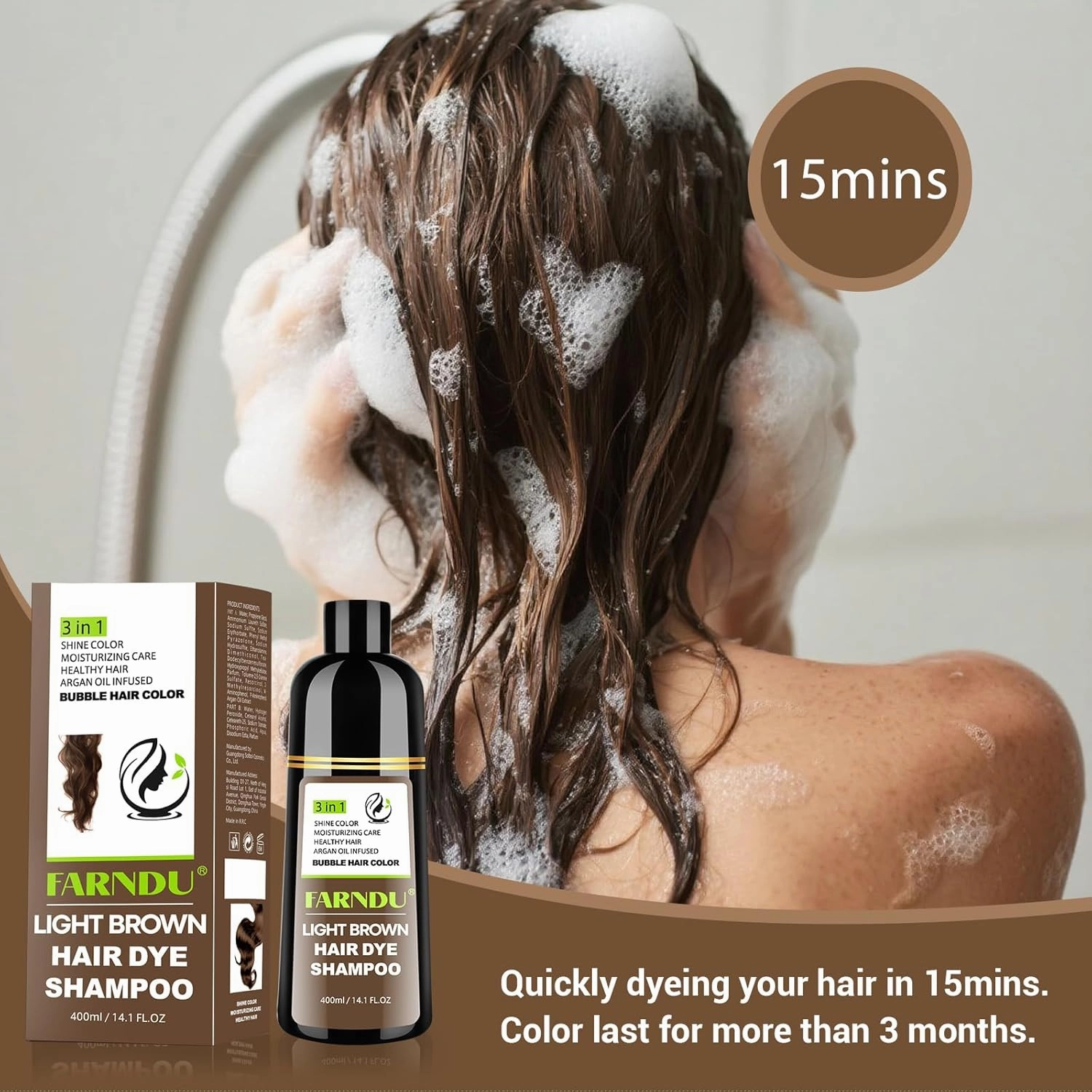 Light Brown Hair Dye Shampoo for Women Men, Gray Hair Coverage within 15 Mins, Argan Oil Natural 3 in 1 Hair Color Shampoo