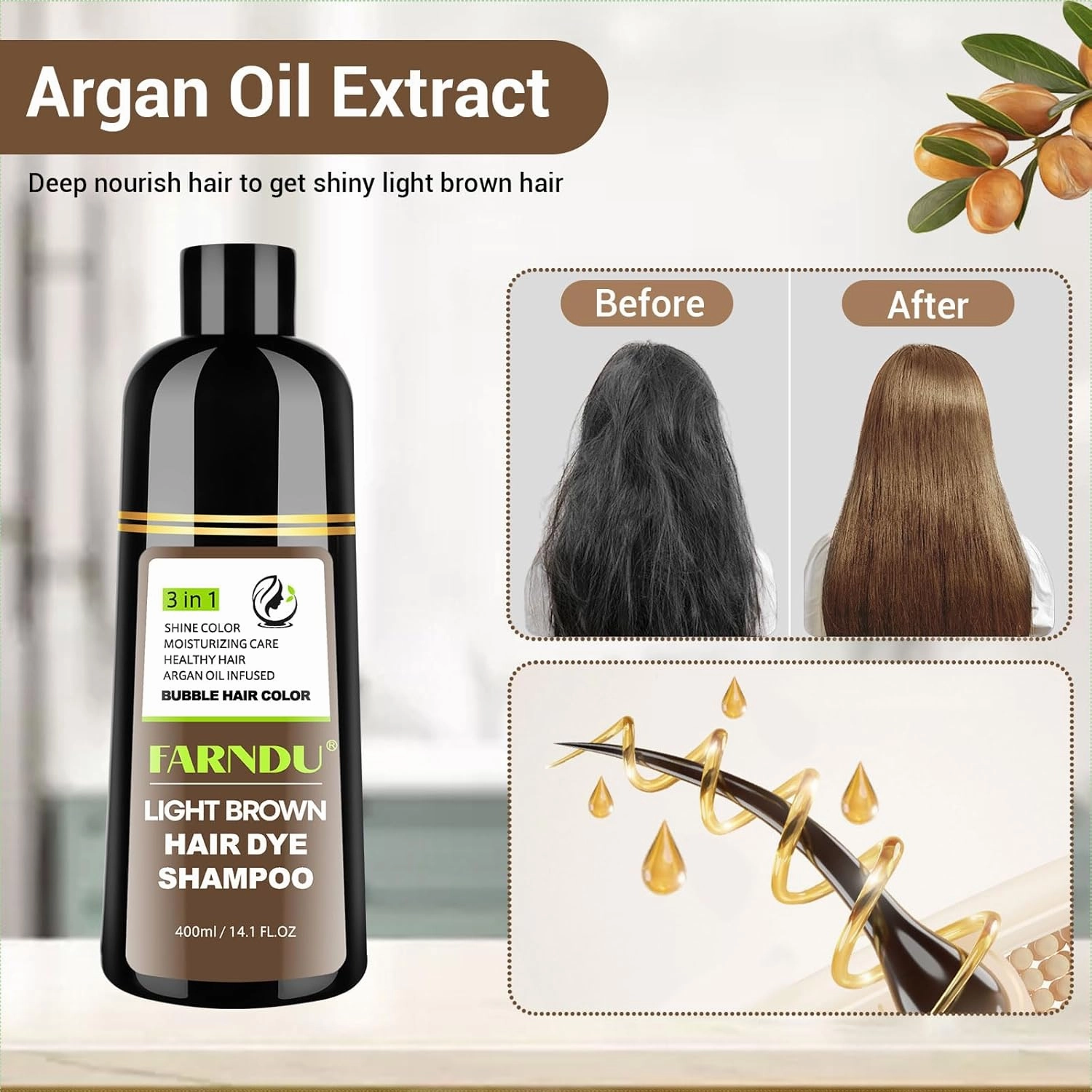 Light Brown Hair Dye Shampoo for Women Men, Gray Hair Coverage within 15 Mins, Argan Oil Natural 3 in 1 Hair Color Shampoo