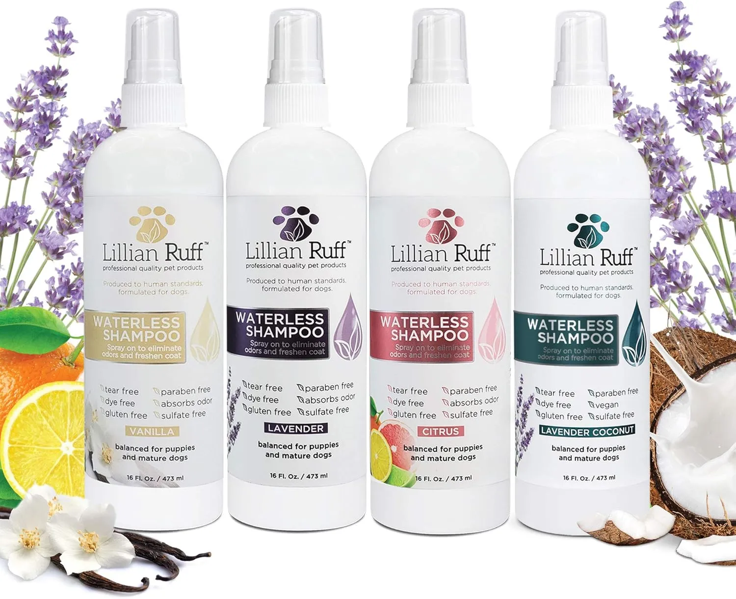 Lillian Ruff Waterless No-Rinse Dog Dry Shampoo Spray with Hydrating Essential Oils - pH-Balanced Dry Shampoo for Dogs - Clean, Condition, Detangle & Deodorize Dry, Sensitive Skin (Citrus)