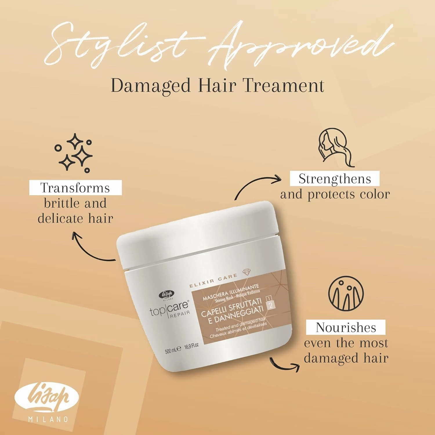 Lisap Hair Mask Top Care Repair Elixir Hair Care, Hydrating Deep Conditioning Hair Mask for Damaged Hair or Color Treated Hair, Shea Butter & Argan Oil, Paraben, Colorant & Sulfate Free, 16.91 fl oz