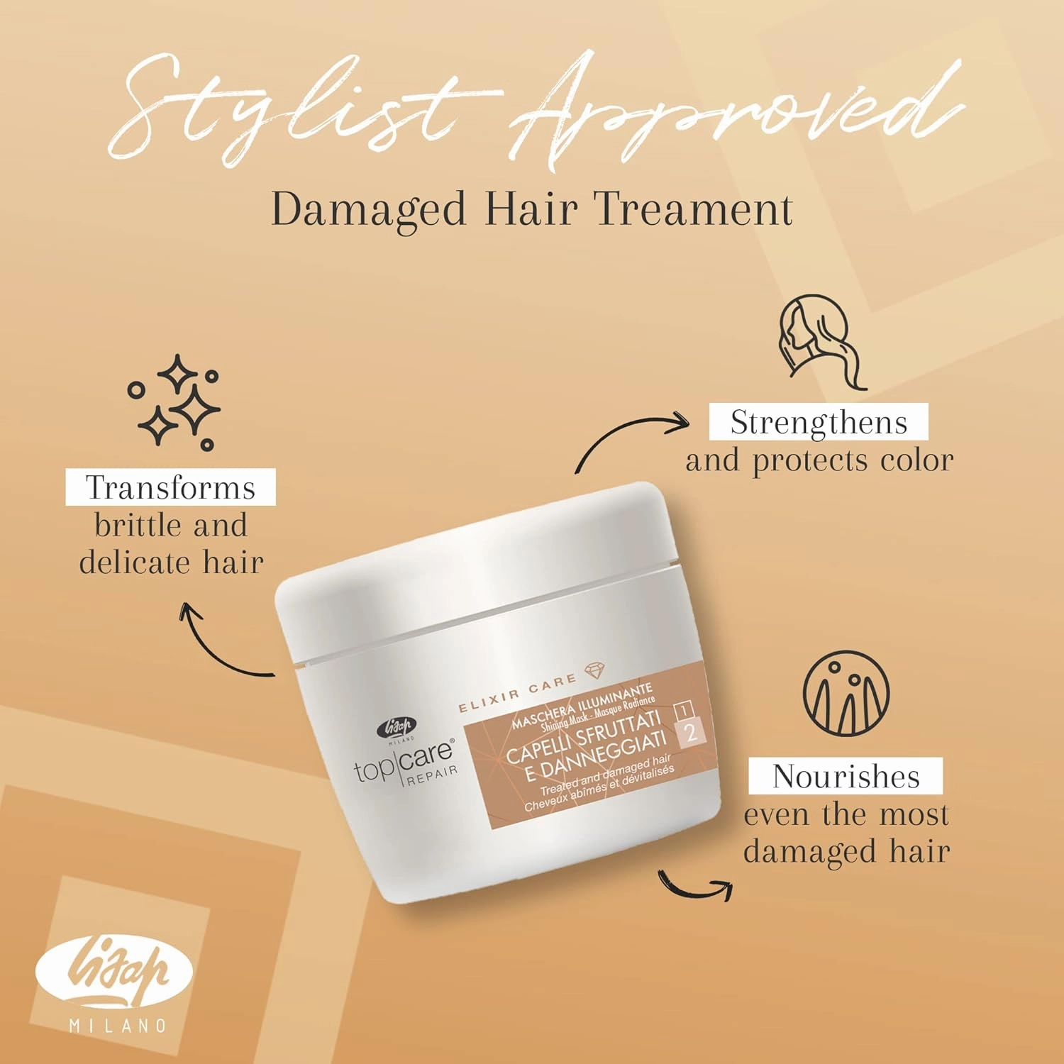 Lisap Hair Mask Top Care Repair Elixir Hair Care, Hydrating Deep Conditioning Hair Mask for Damaged Hair or Color Treated Hair, Shea Butter & Argan Oil, Paraben, Colorant & Sulfate Free, 8.45 fl oz