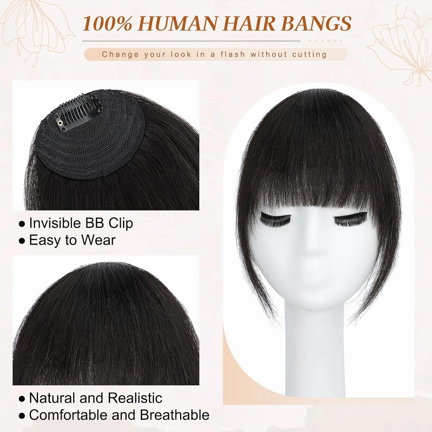 Lommel Clip in Bangs-100% Human Hair Bangs, Fake Bangs for Women Bangs Hair Clip Hair Extensions Clip on Air Bangs Hairpieces with Temples for Daily Wear(Brown Black)