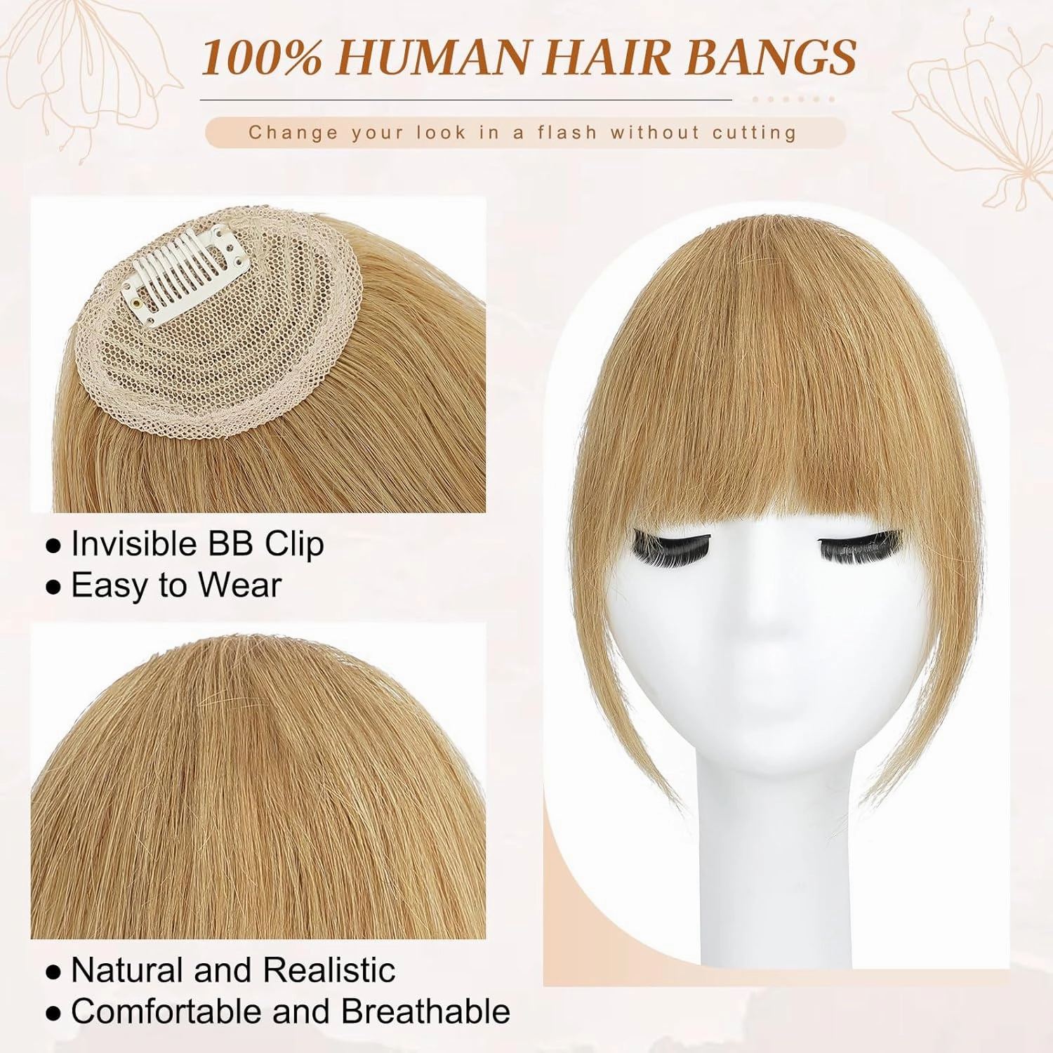 Lommel Clip-in Bangs 100% Real Human Hair Pieces - French Blonde Faux Bangs Clip for Daily Wear