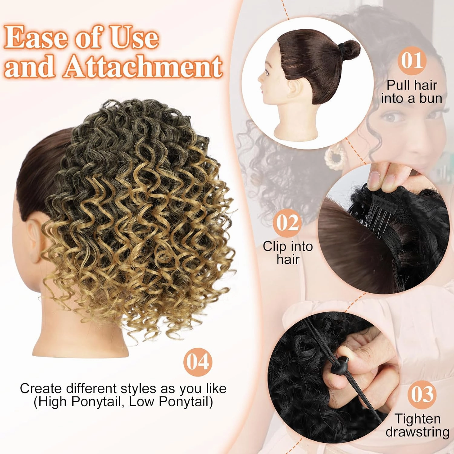 Lommel Drawstring Ponytail for Black Women,10 Inch Ponytail Extension for Black Women Curly PonyTails for Girls Afro Kinky Curly Hair Pieces for Daily Use(Mix Ombre Light Brown)
