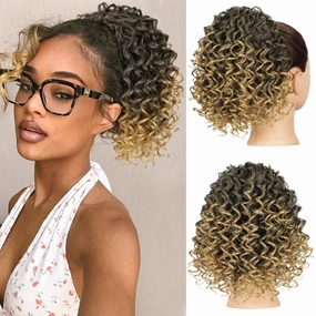 Lommel Drawstring Ponytail for Black Women,10 Inch Ponytail Extension for Black Women Curly PonyTails for Girls Afro Kinky Curly Hair Pieces for Daily Use(Mix Ombre Light Brown)