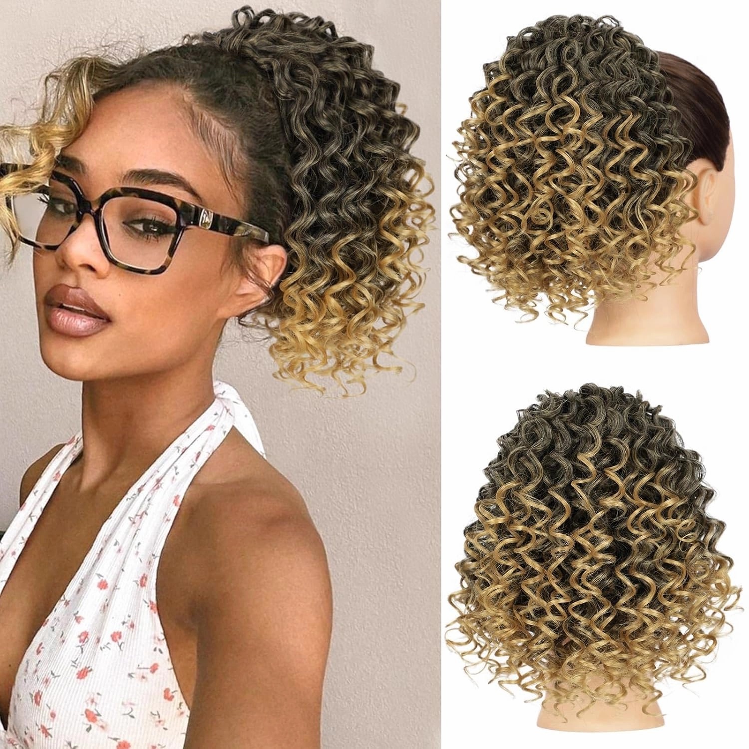 Lommel Drawstring Ponytail for Black Women,10 Inch Ponytail Extension for Black Women Curly PonyTails for Girls Afro Kinky Curly Hair Pieces for Daily Use(Mix Ombre Light Brown)