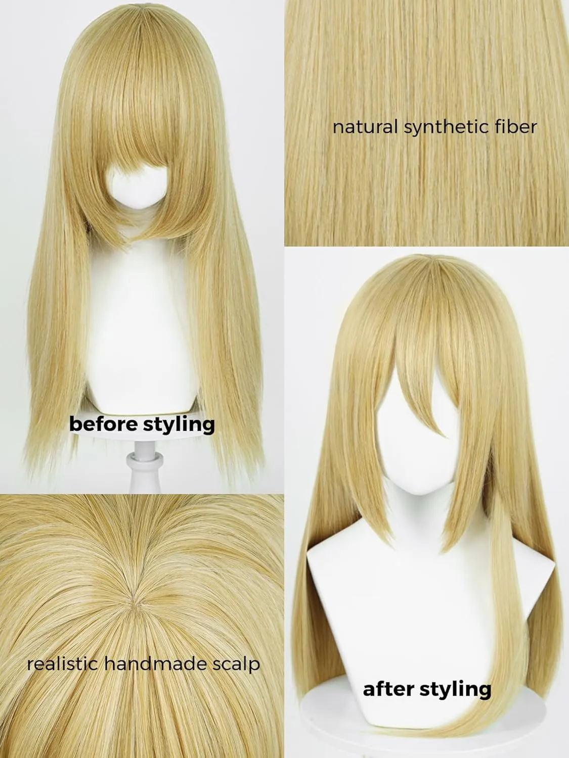 Long Blonde Anime Cosplay Wig with Bangs 19.7'' A-O-T Wigs Light Golden Queen Wig for Women Halloween Party Daily