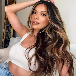 Long Wavy Blonde and Brown Wig for White Black Women, Synthetic Beach Loose Body Wave Brunette Wig with Blond Highlight, Realistic Curly Sexy Natural Looking Hispanic Ladies Hair Wigs