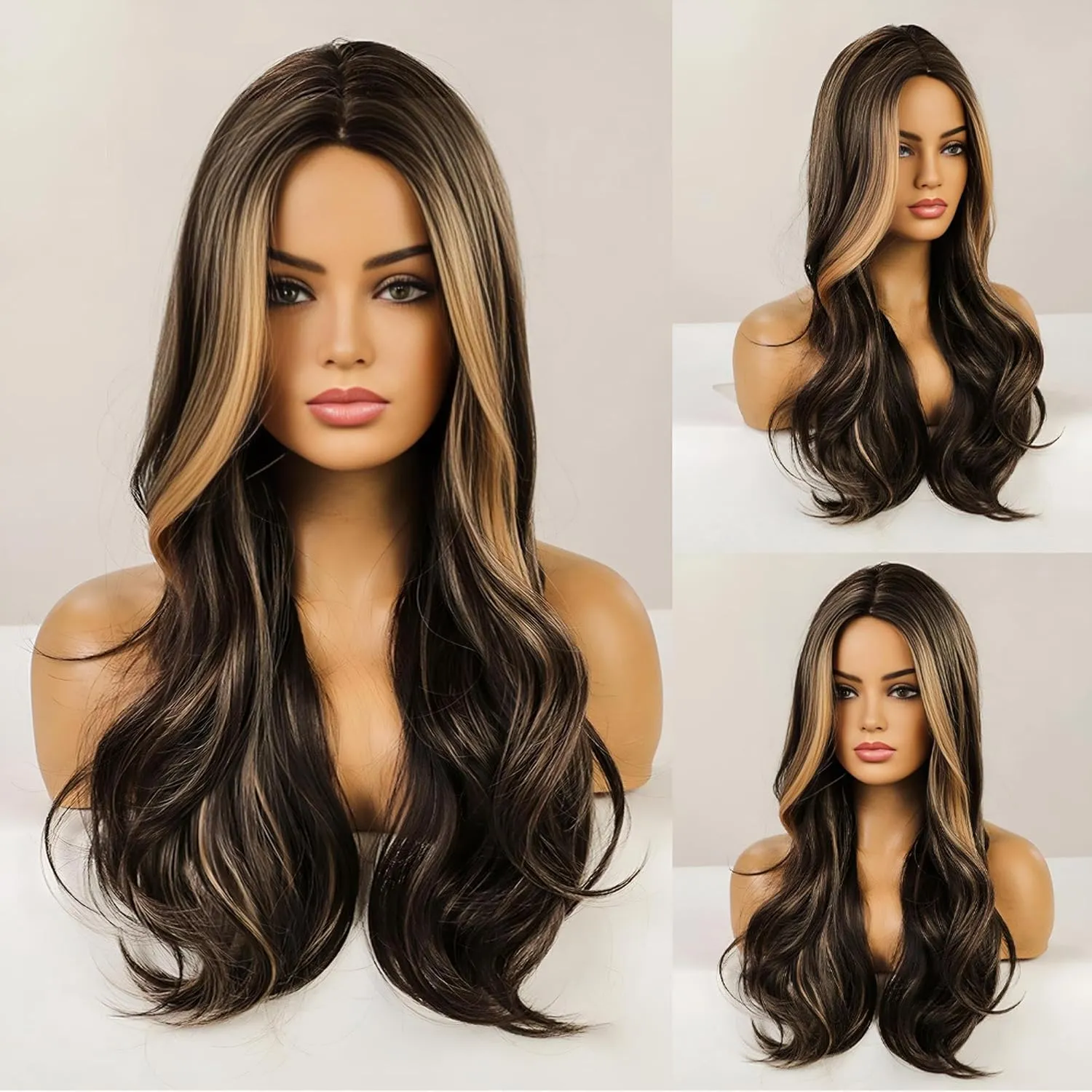 Long Wavy Blonde and Brown Wig for White Black Women, Synthetic Beach Loose Body Wave Brunette Wig with Blond Highlight, Realistic Curly Sexy Natural Looking Hispanic Ladies Hair Wigs