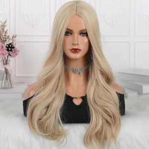 Long Wavy Platinum Blonde Wigs for White Black Women, Cute Realistic Beach Loose Body Wave Golden Blond Synthetic Wig, No Glue Hispanic Ladies Sexy Natural Looking Curly Hair Wigs