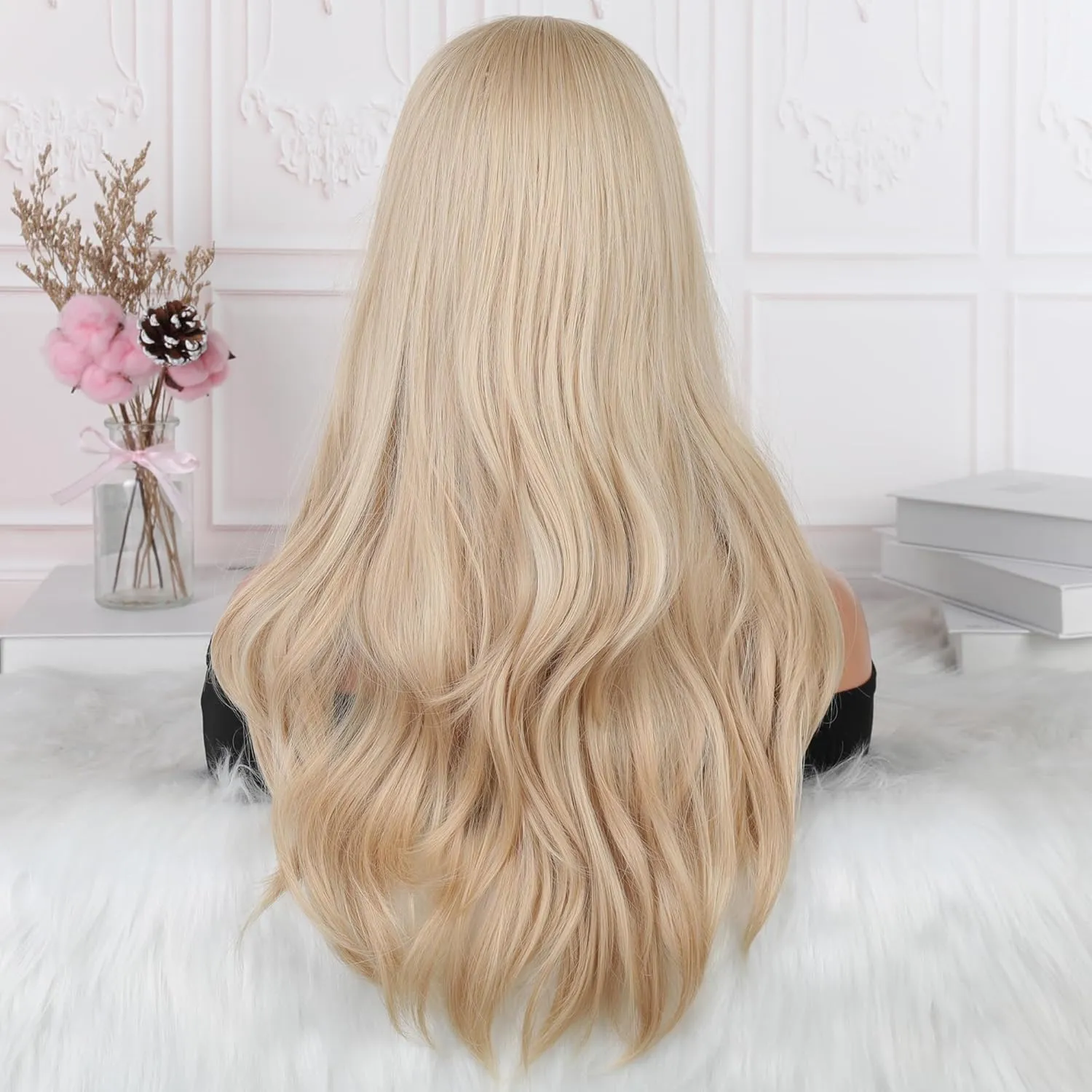 Long Wavy Platinum Blonde Wigs for White Black Women, Cute Realistic Beach Loose Body Wave Golden Blond Synthetic Wig, No Glue Hispanic Ladies Sexy Natural Looking Curly Hair Wigs