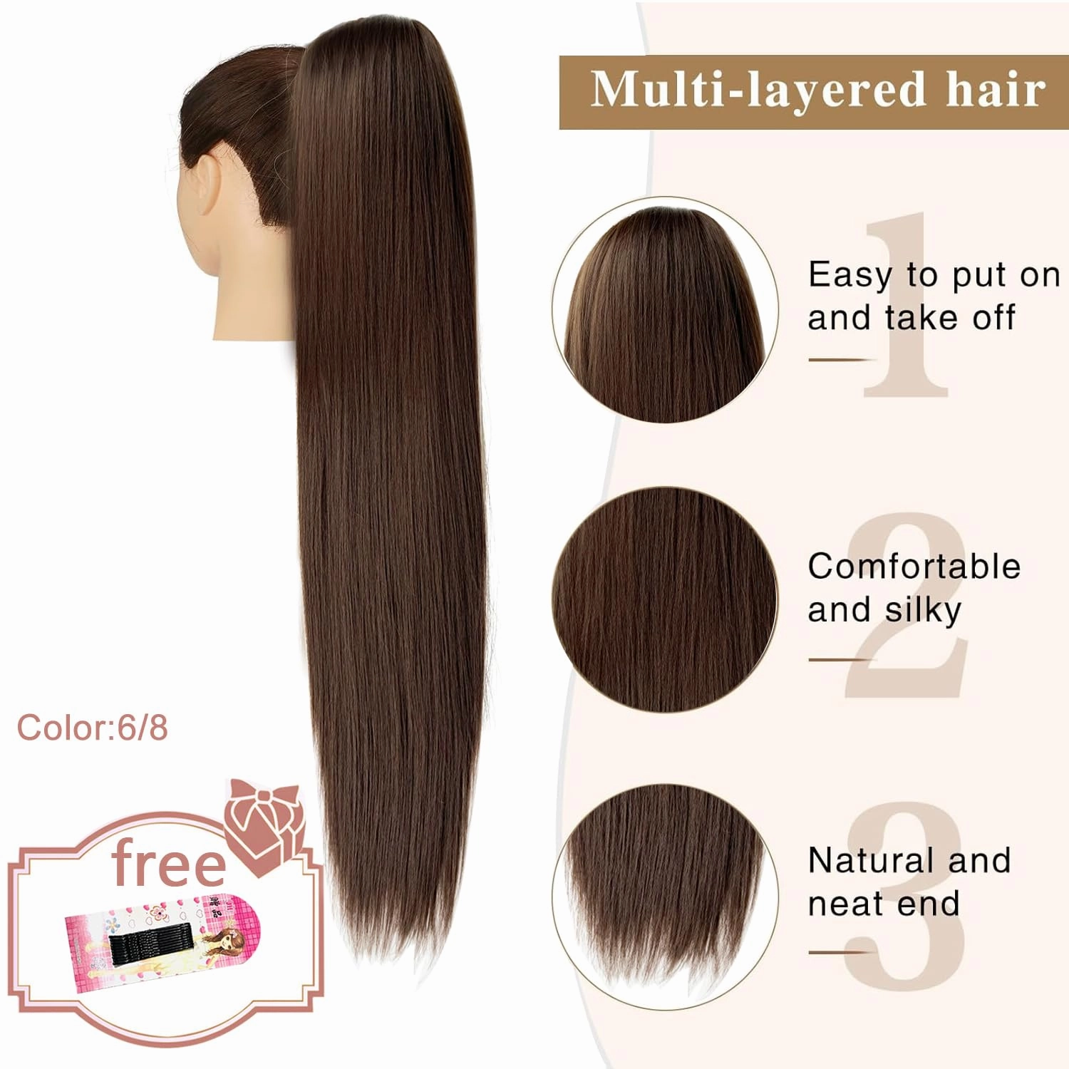 Long Straight Drawstring Ponytail Extension Long Straight Hair Extensions Ponytails Clip Pony tail Extensions 26inch Synthetic Drawstring Ponytail Straight for Women Girls (6/8)