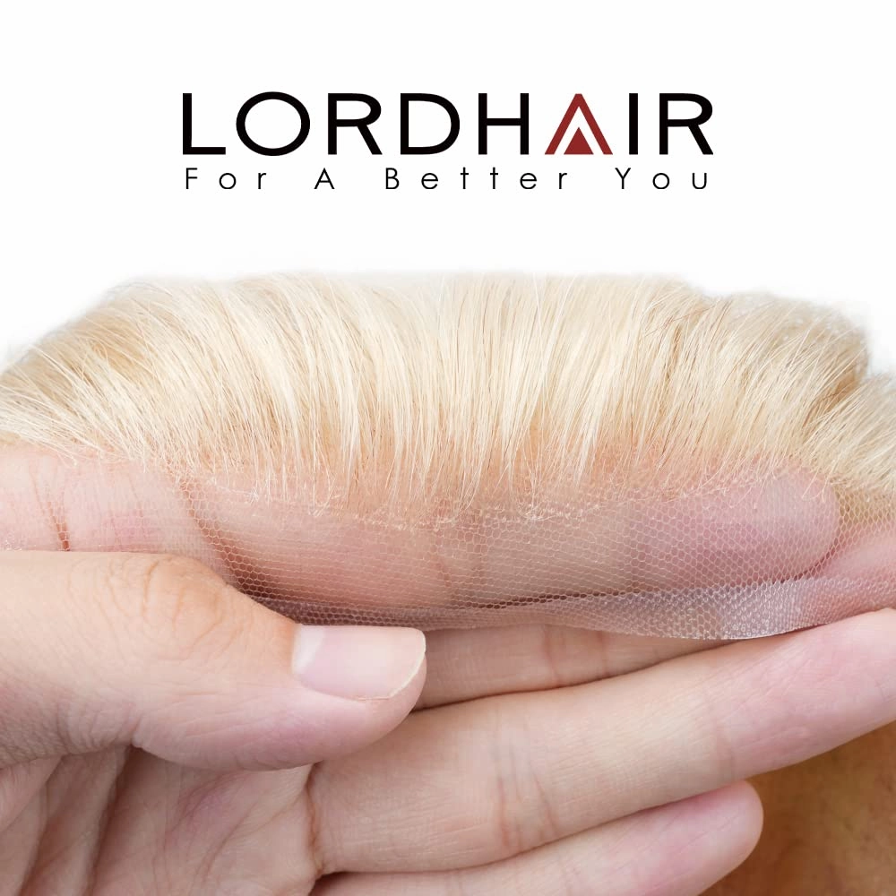 Lordhair French Lace Front Hair Toupee for Men 0.1mm Injected Thin PU Skin Base Attached with Diamond Lace Hair Pieces Systems 8x10 Inches, Light Blond Color 22