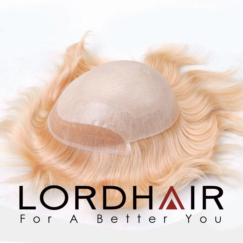 Lordhair French Lace Front Hair Toupee for Men 0.1mm Injected Thin PU Skin Base Attached with Diamond Lace Hair Pieces Systems 8x10 Inches, Light Blond Color 22