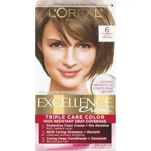 L'Oreal Paris Excellence Creme Permanent Triple Care Hair Color, 6 Light Brown Hair Dye Kit, Gray Coverage For Up to 8 Weeks, All Hair Types, Pack of 1