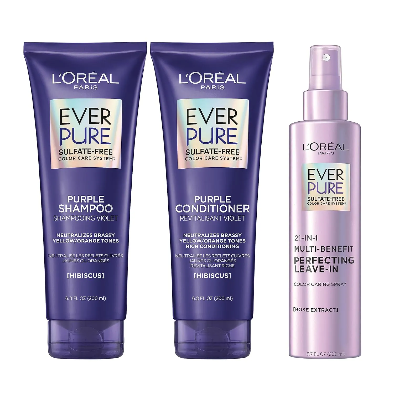 L'Oreal Paris Purple Shampoo Conditioner Brass Toning for Color Treated Hair (1 kit)   EverPure Sulfate Free 21-in-1 Color Caring Spray Multi Benefit Leave In Treatment, 6.8 fl oz