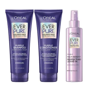 L'Oreal Paris Purple Shampoo Conditioner Brass Toning for Color Treated Hair (1 kit)   EverPure Sulfate Free 21-in-1 Color Caring Spray Multi Benefit Leave In Treatment, 6.8 fl oz