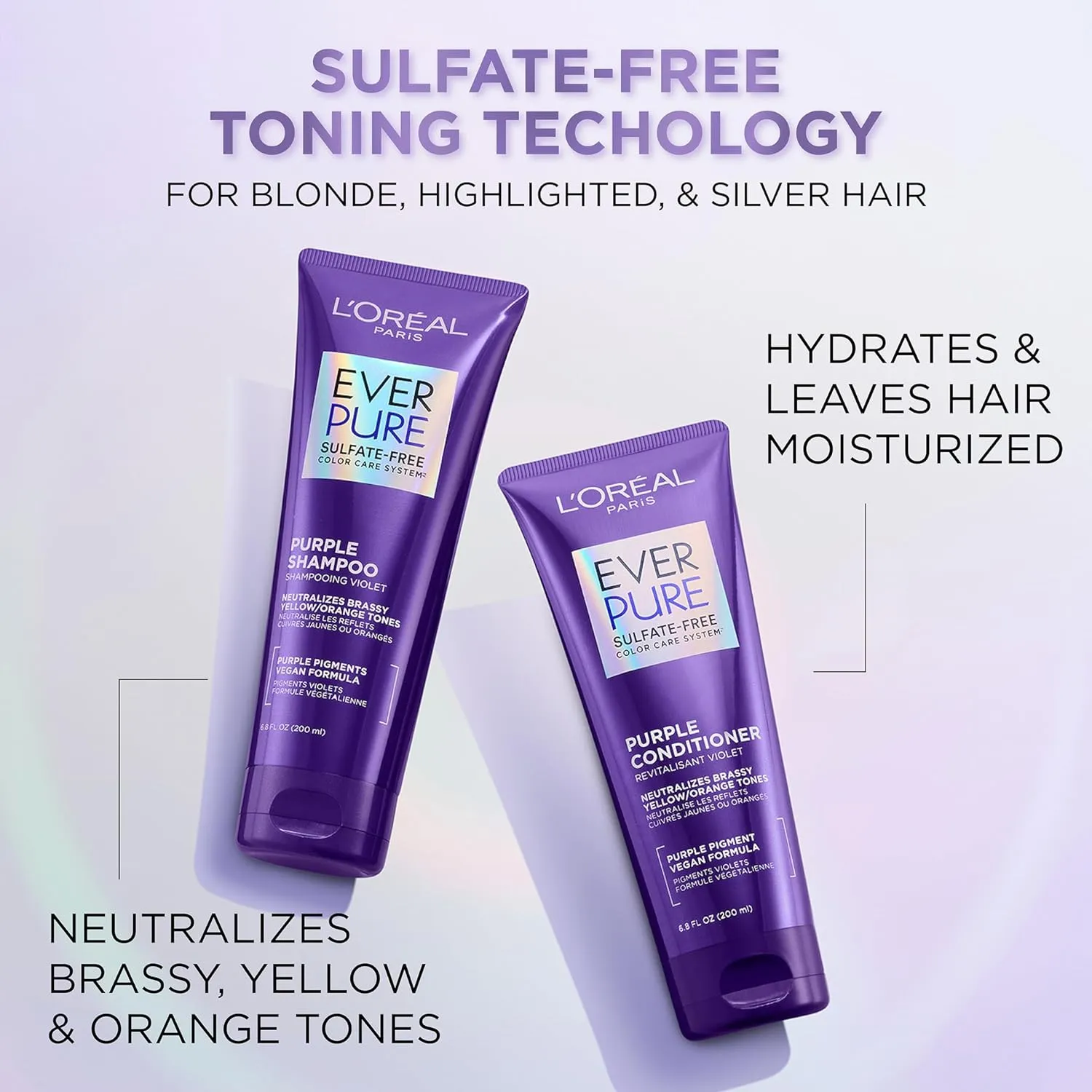 L’Oreal Paris Sulfate Free Brass Toning Purple Shampoo for Blonde, Bleached, Silver, or Brown Highlighted Hair, EverPure, 23 Fl Oz (Packaging May Vary)