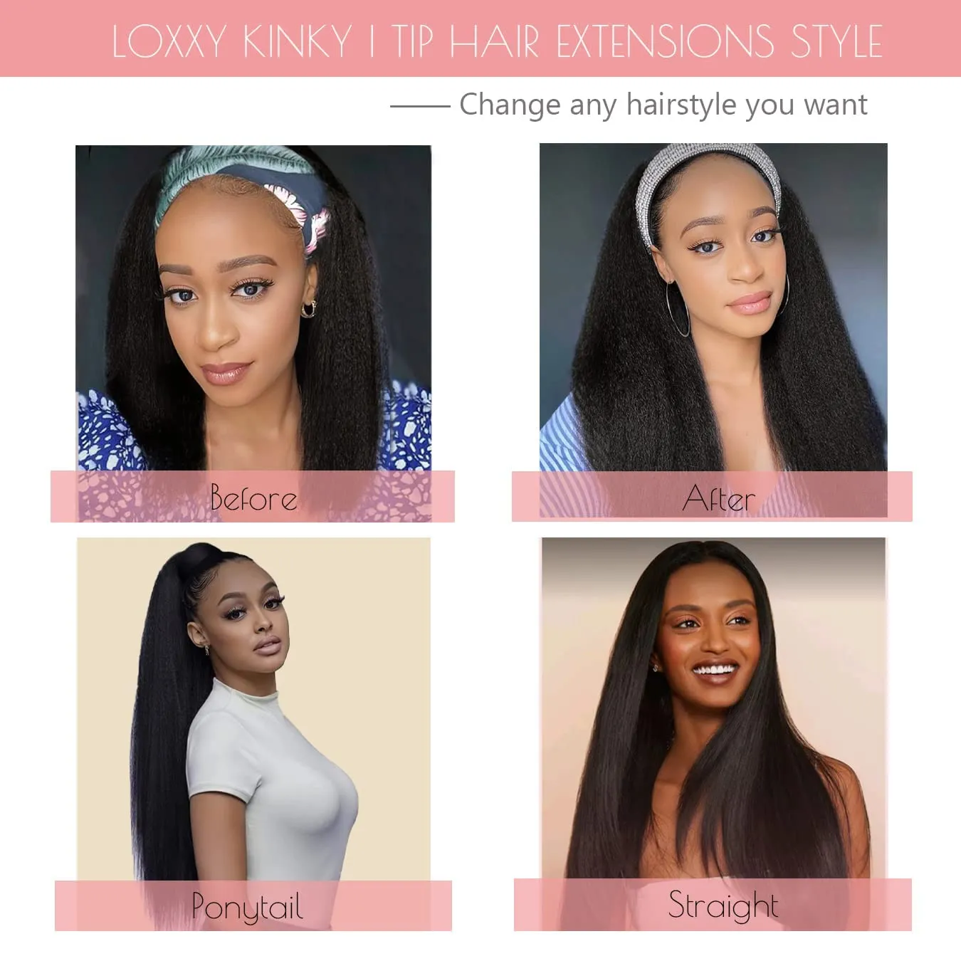 Loxxy I Tip Kinky Straight Human Hair Extensions for Natural Hair 14 inch Black Hair Extensions Itips Human Hair Brazilian Virgin Pre Bonded Kinky Keratin Stick 50strands 40grams Per Pack