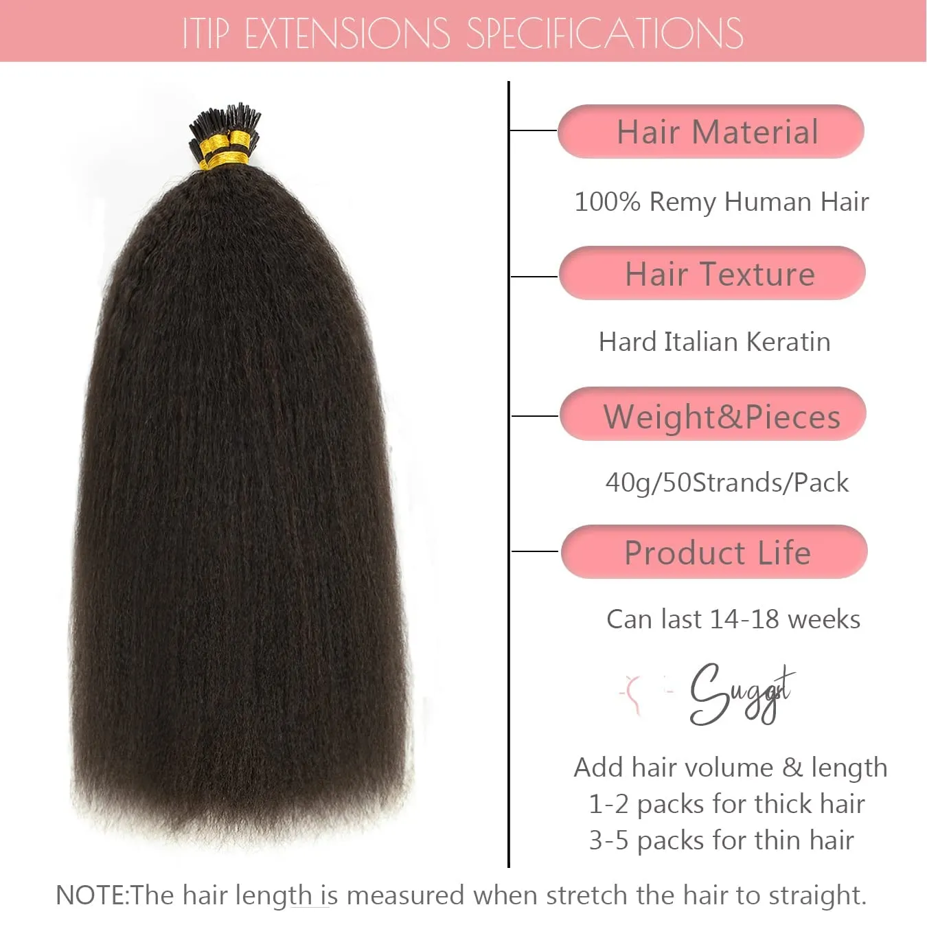 Loxxy I Tip Kinky Straight Human Hair Extensions for Natural Hair 14 inch Black Hair Extensions Itips Human Hair Brazilian Virgin Pre Bonded Kinky Keratin Stick 50strands 40grams Per Pack