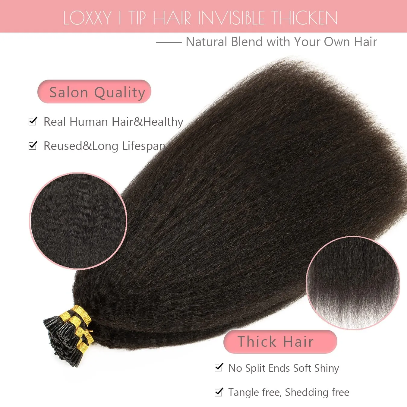 Loxxy I Tip Kinky Straight Human Hair Extensions for Natural Hair 14 inch Black Hair Extensions Itips Human Hair Brazilian Virgin Pre Bonded Kinky Keratin Stick 50strands 40grams Per Pack