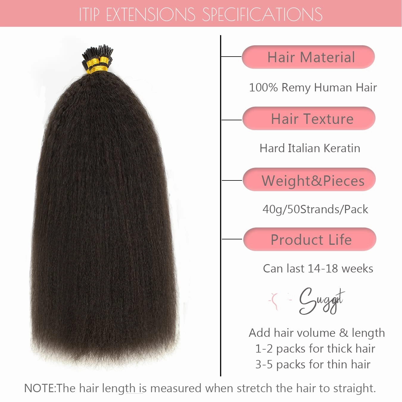 Loxxy Hair Extensions Real Human Hair I Tips Kinky Straight Cold Fusion Itip Human Hair Extensions for Black Women Natural Black I-Tip Extensions For Thin Hair 50grams 50strands 16 Inch