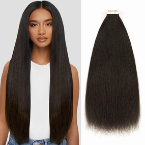Loxxy Light Yaki Tape in Hair Extensions - Real Human Hair, Full Head, Thick, Soft, Shiny, Invisible Kinky Straight - Natural Black, 20pcs, 50g, 16 Inch