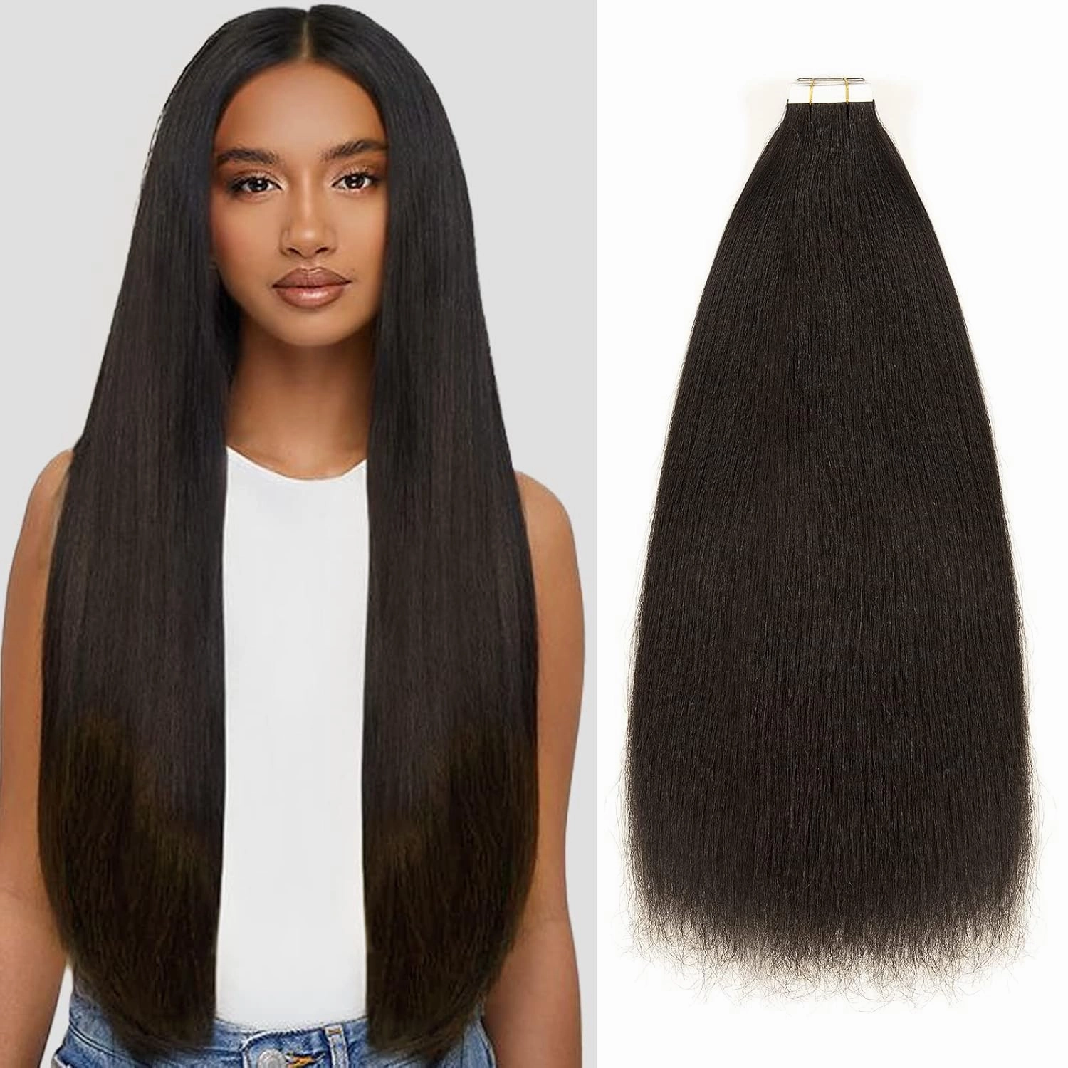 Loxxy Light Yaki Tape in Hair Extensions - Real Human Hair, Full Head, Thick, Soft, Shiny, Invisible Kinky Straight - Natural Black, 20pcs, 50g, 16 Inch