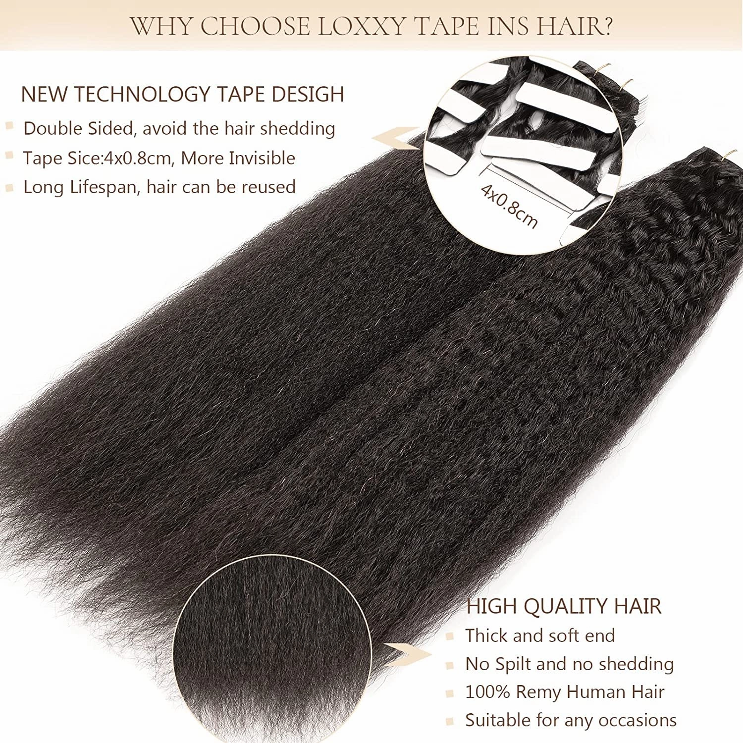 Loxxy Tape in Hair Extensions Real Human Hair for Black Women Short Hair Natural Color Brazilian Kinky Straight Human Hair Tape ins Full Thick Double Sided 16inch 20pcs 50g Glue on Hair Extensions