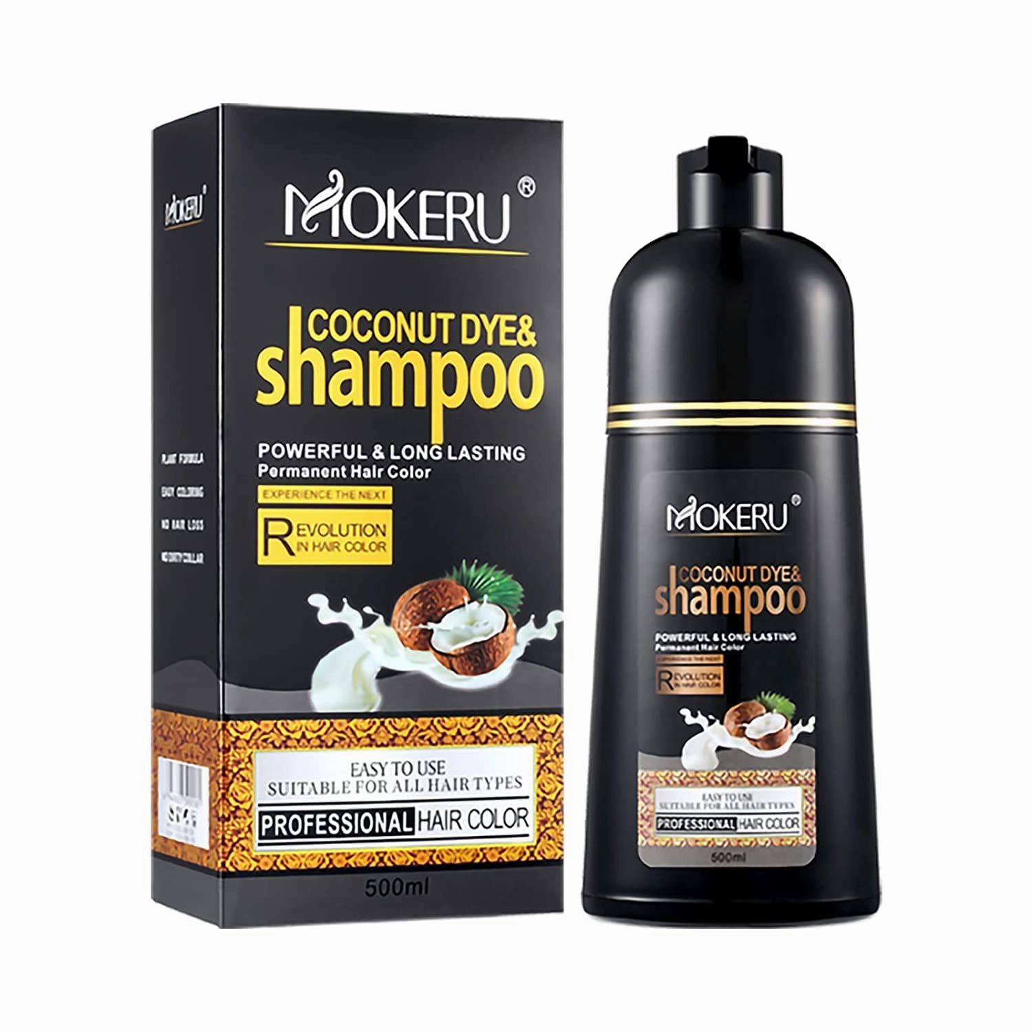 Maani MOKERU Professional Argan COCONUT Oil Hair Dye Color Shampoo 500 ML: Instant Fast Acting Long Lasting for Gray Magic Colors in Minutes–Long (BLACK), 16 Ounce (Pack of 1)