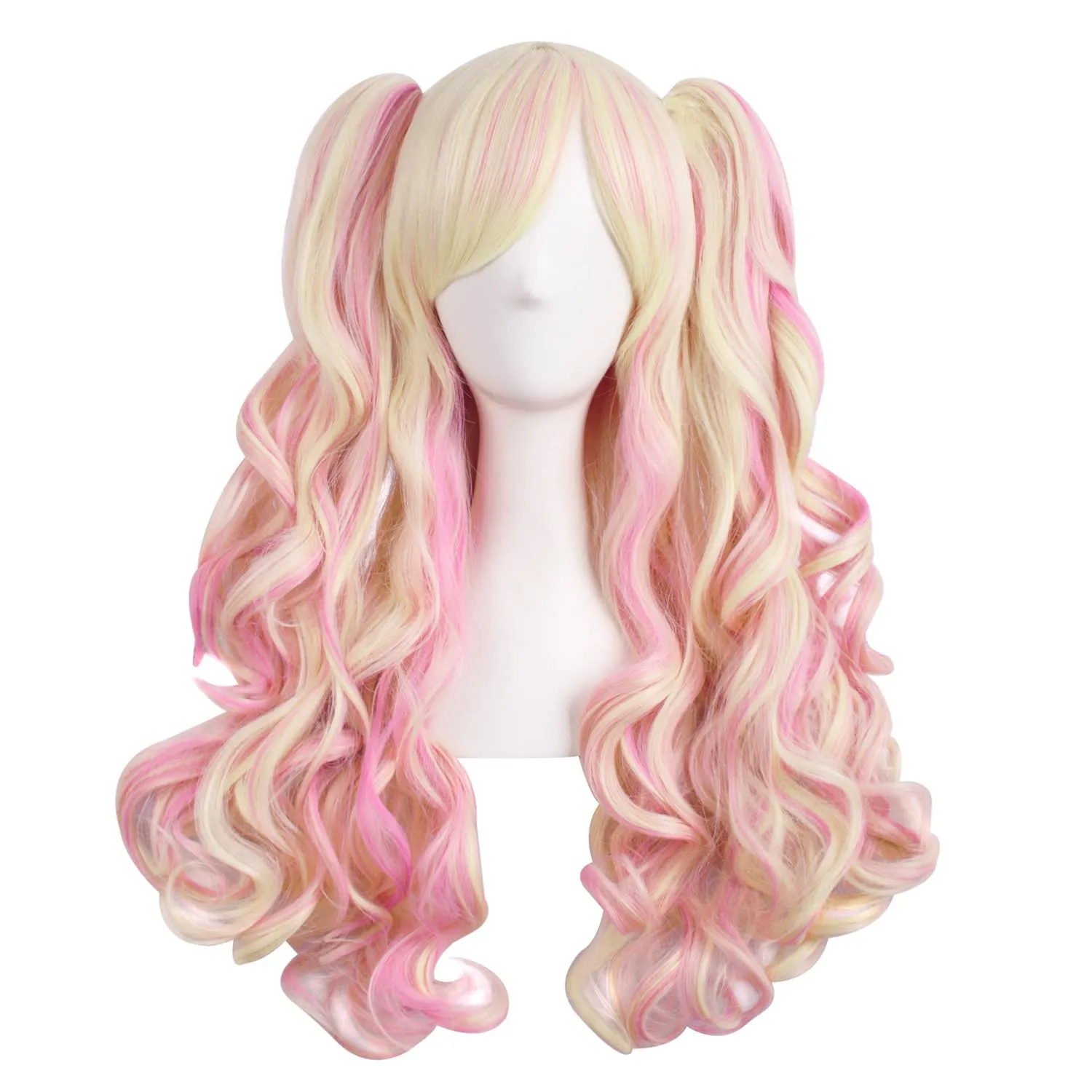 MapofBeauty Multi-color Lolita Long Curly Clip on Ponytails Cosplay Wig (Blonde/Pink)