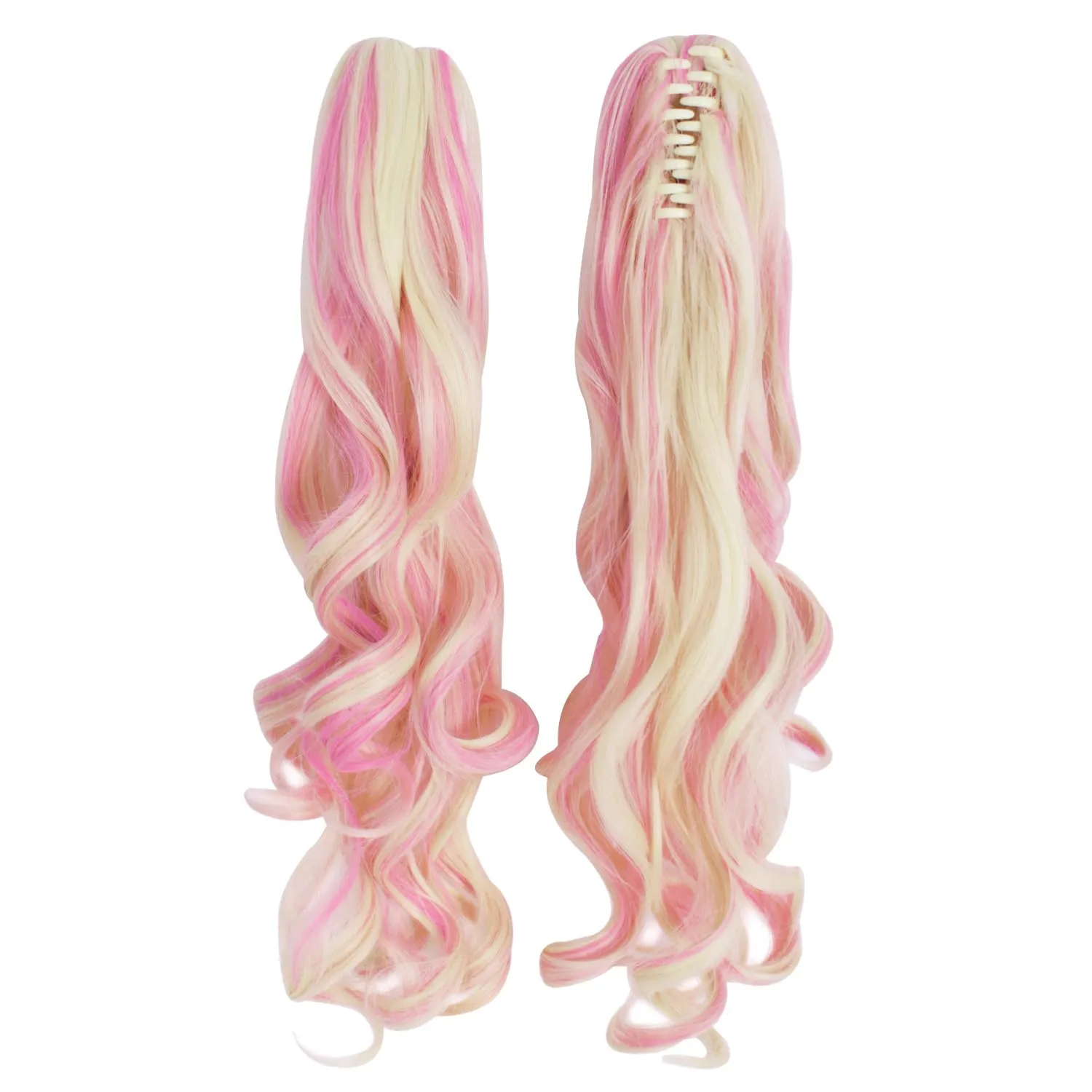 MapofBeauty Multi-color Lolita Long Curly Clip on Ponytails Cosplay Wig (Blonde/Pink)