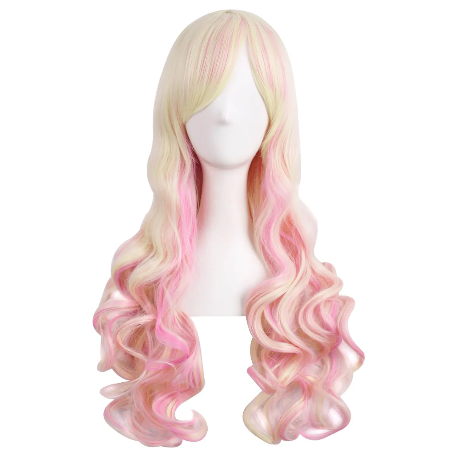 MapofBeauty Multi-color Lolita Long Curly Clip on Ponytails Cosplay Wig (Blonde/Pink)