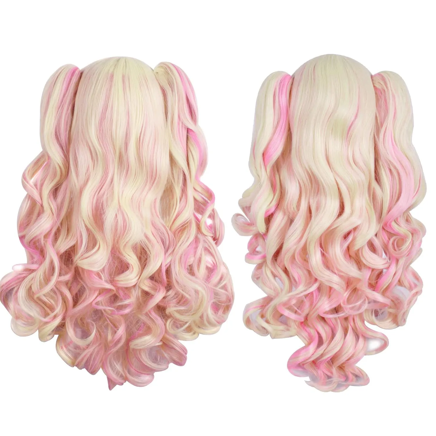 MapofBeauty Multi-color Lolita Long Curly Clip on Ponytails Cosplay Wig (Blonde/Pink)