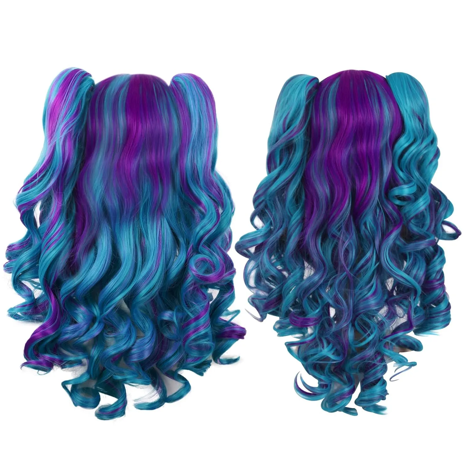 MapofBeauty Multi-color Lolita Long Curly Clip on Ponytails Cosplay Wig (Dark Purple/Cyan Blue)