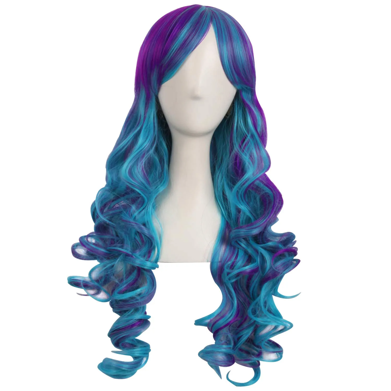 MapofBeauty Multi-color Lolita Long Curly Clip on Ponytails Cosplay Wig (Dark Purple/Cyan Blue)