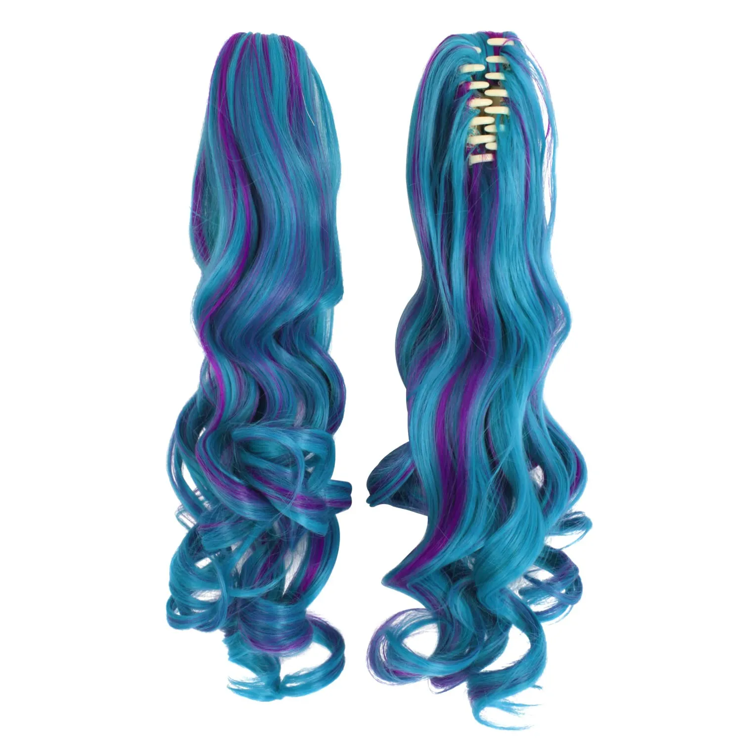 MapofBeauty Multi-color Lolita Long Curly Clip on Ponytails Cosplay Wig (Dark Purple/Cyan Blue)
