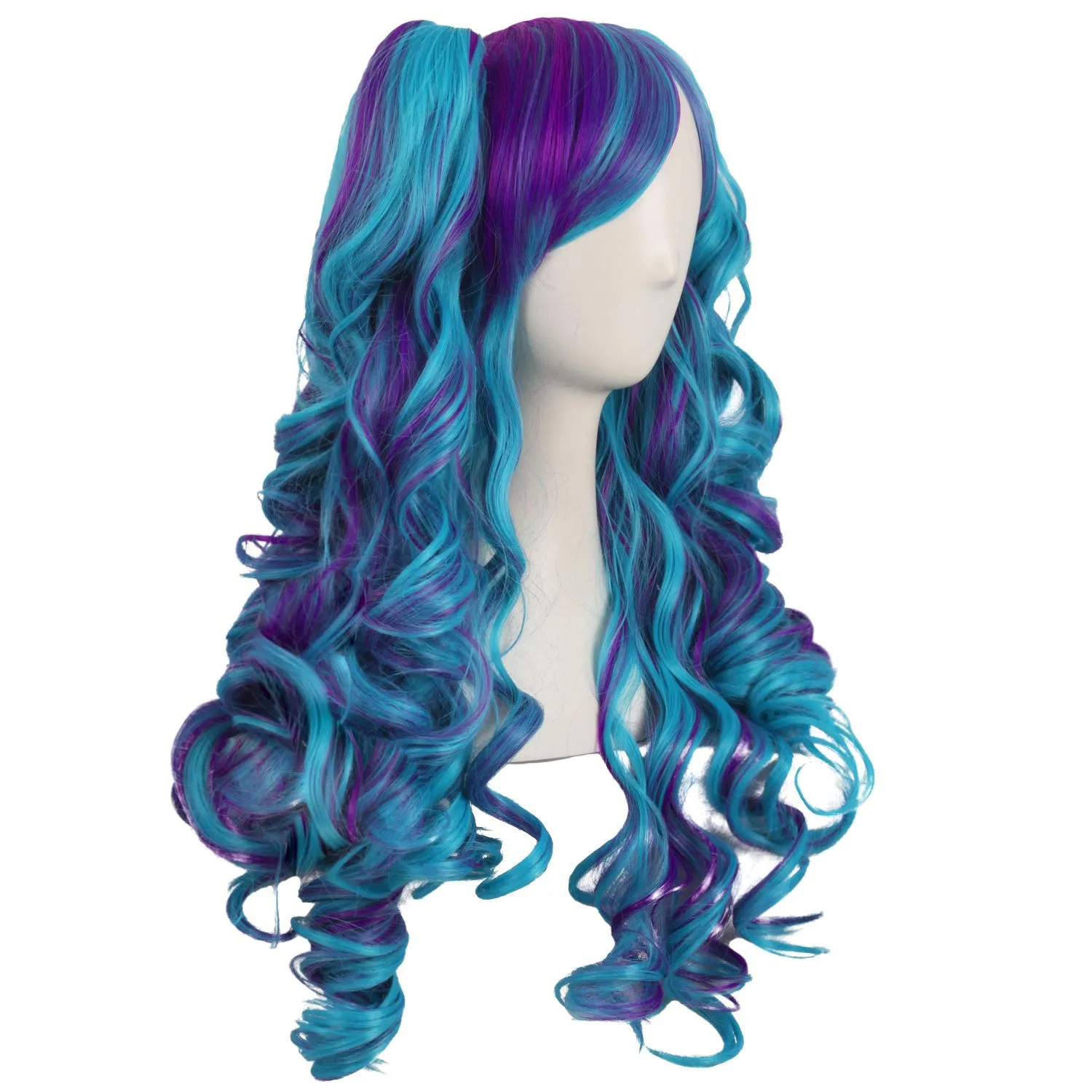 MapofBeauty Multi-color Lolita Long Curly Clip on Ponytails Cosplay Wig (Dark Purple/Cyan Blue)