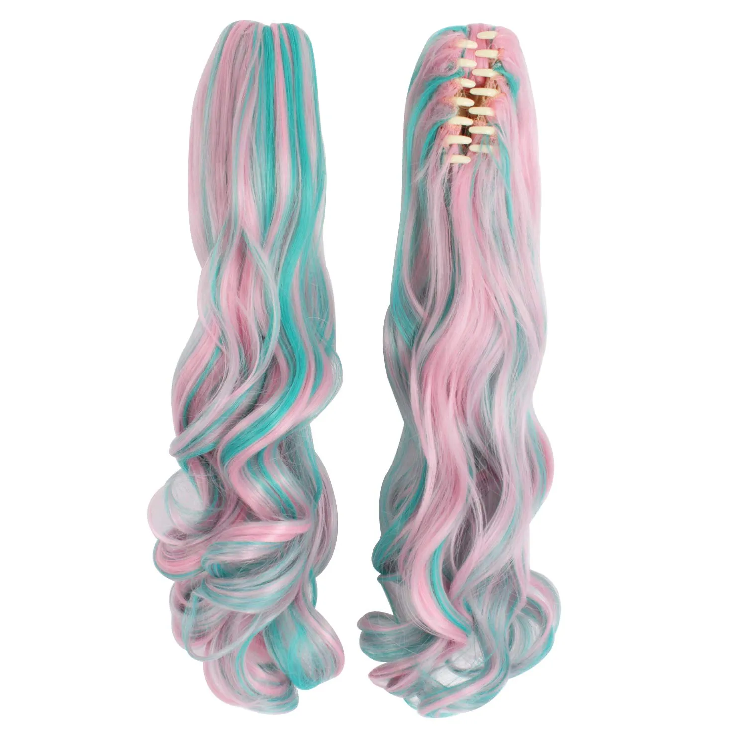MapofBeauty Multi-color Lolita Long Curly Clip on Ponytails Cosplay Wig (Pink/Blue)